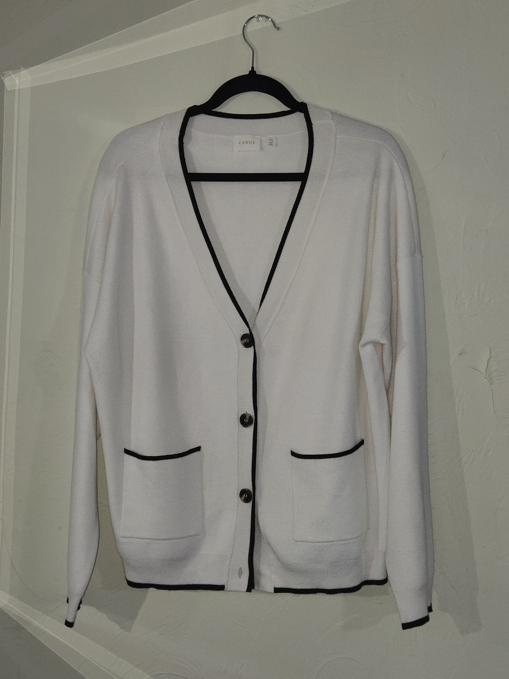 Cyrus White V-Neck Contrast Trim Cardigan